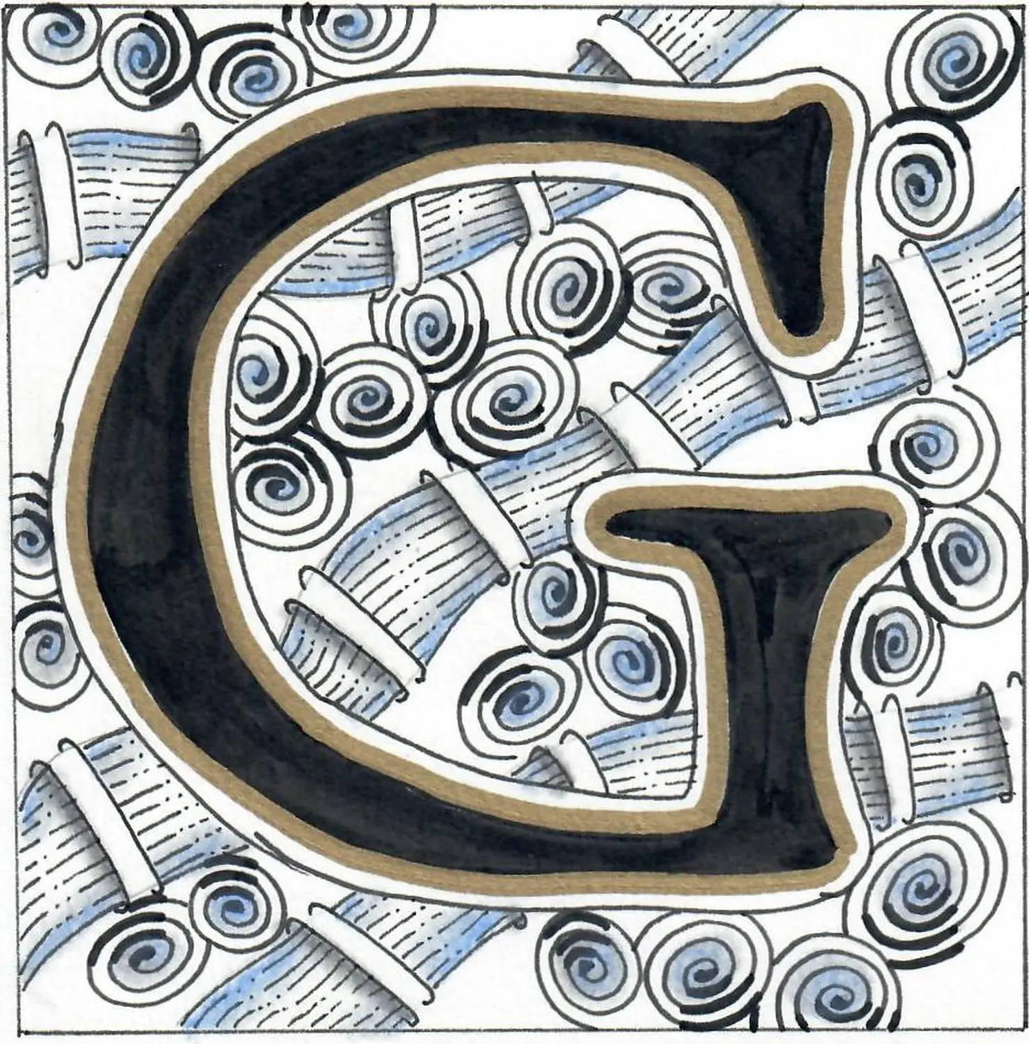 Happytangle, der Buchstabe „G“ in Mustern gezeichnet