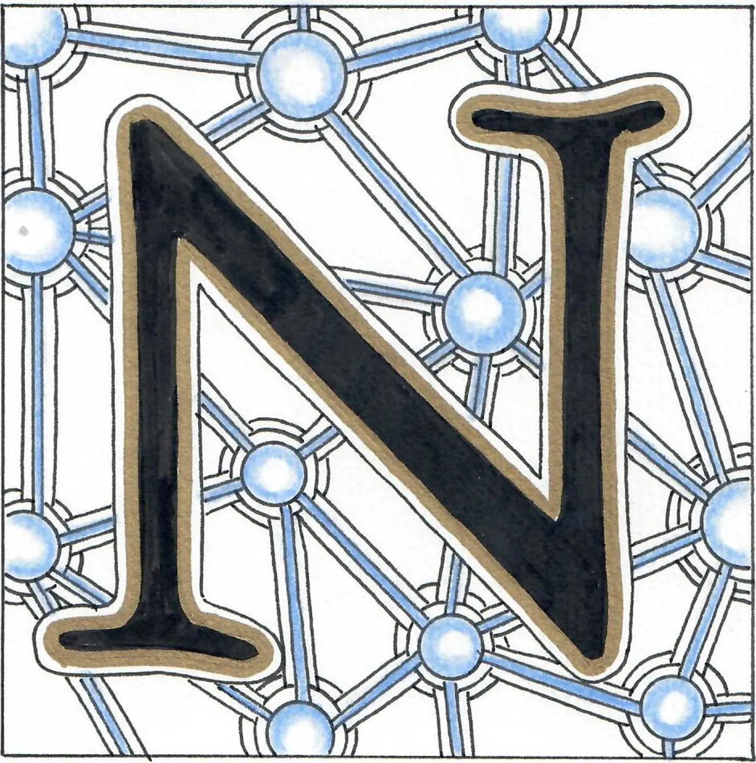 Happytangle, der Buchstabe „N“ in Mustern gezeichnet